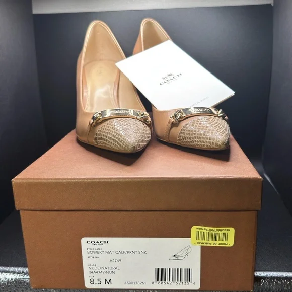 Coach Nude Pointed-Toe Flats with Gold Chain & Snakeskin Toe - Picture 5 of 12